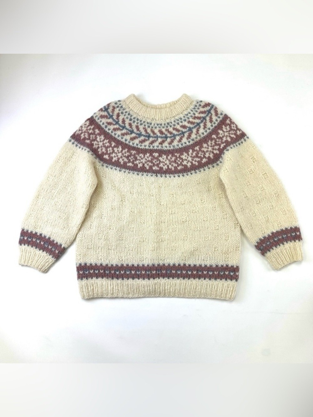 Fairisle handknit pullover sweater Womens Small rose cream Alpine winter
